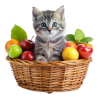 a cat setting inside basket with fruits is isolated on transparent background png