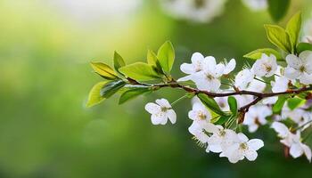 Spring Tree Branch with Flowers on Blurry Background photo