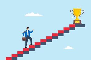 Flat illustration businessman walk up small step to reach trophy symbolizing persistence and success vector