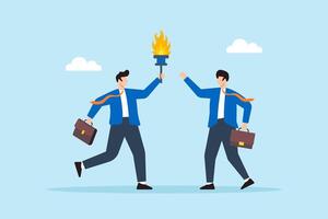 Flat illustration smart businessman passes torch to successor symbolizing leadership transition vector