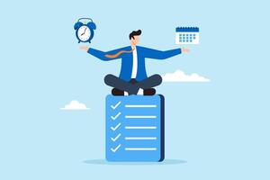 Flat illustration businessman meditate while balancing clock and calendar on completed task paper symbolizing self discipline vector