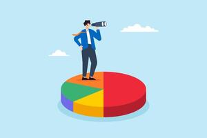 Flat illustration businessman stand on pie chart looking through binocular analyzing marketing data business strategy vector