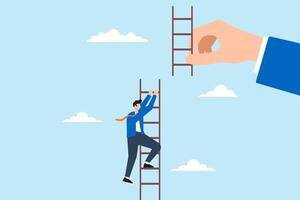 Flat illustration businessman climb broken ladder with giant helping hand connect next part vector