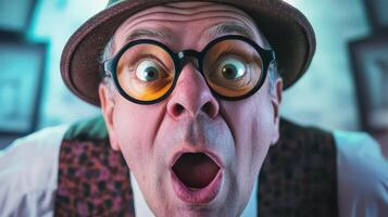 A man wearing glasses and a hat with a surprised expression photo