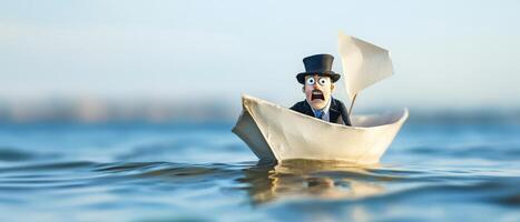 A man in a top hat and suit is on a paper boat photo
