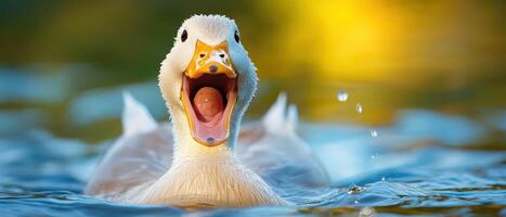 A duck with its mouth open in the water photo