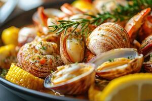 A plate of clams and corn with lemon wedges photo