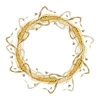 Wreath of wheat ears, wheat leaves and ripe grains. All objects are hand-drawn with watercolors and isolated on a white background. Suitable for printing on fabric, product packaging, and tableware vector