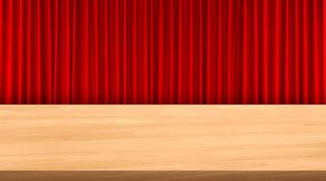 An empty wooden table stands out against a red curtain background. photo