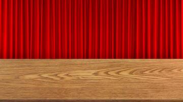 Empty wooden table with bright red curtain background. photo