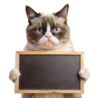 a grumpy cat with a blank chalkboard is isolated on transparent background png