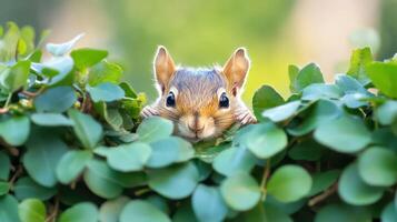 A squirrel peeks out from behind some green leaves photo