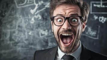 A man in glasses and a suit is making a funny face photo