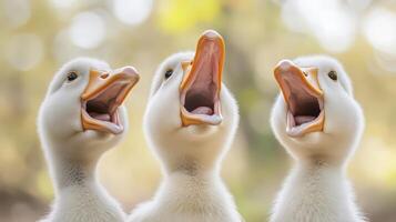 Three white ducks with their mouths open photo
