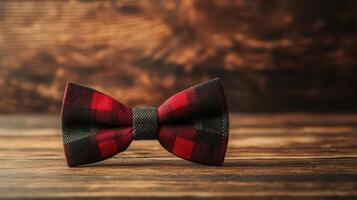 A red and black bow tie on a wooden table photo