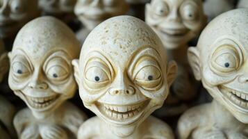 A group of wooden statues with faces and eyes photo