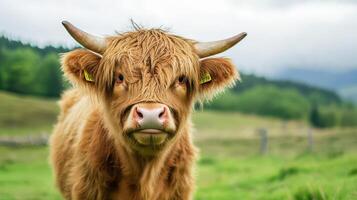 A close up of a cow with a big horn photo