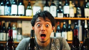 A man with a surprised look on his face in front of wine bottles photo