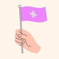 Hand Holding Purple Dymension Flag Representing Cryptocurrency and Blockchain Support, DYM Token Symbol vector