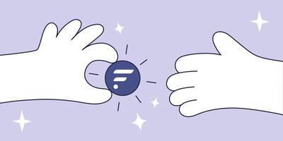 Illustration of a Flow FLOW Transaction Hands Exchanging a Purple Cryptocurrency Token, Symbolizing Digital Payments and Blockchain Technology vector