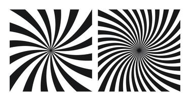 Set of Two Abstract Black Spiral Patterns on White Background. Square Posters with Monochrome Groovy Hypnotic Swirls, Retro Inspired Grunge Sun Bursts vector