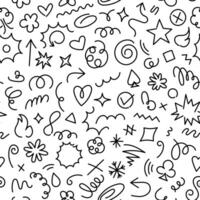 Seamless pattern featuring black and white hand-drawn stickers, scribbles, and doodles in a minimalist linear style. Square-format with monoline elements for posters, social media, prints, and banners vector