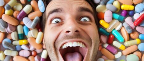 A man is surrounded by a large pile of pills photo