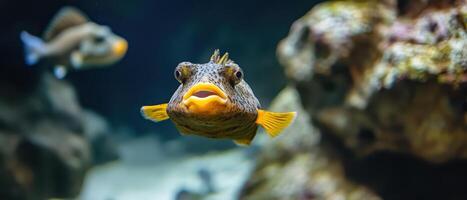 A fish with a yellow mouth is looking at the camera photo