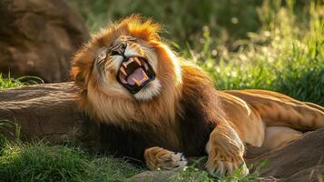 A lion yawning on a rock in the grass photo
