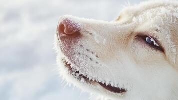A close up of a dog with snow on its nose photo
