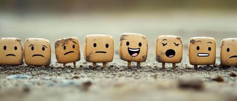 A group of wooden blocks with faces and emotions photo