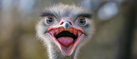 An ostrich with its mouth open photo