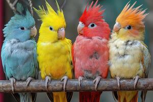 A group of colorful birds sitting on a branch photo