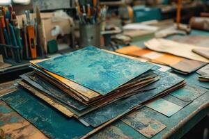 A table with a stack of papers and a variety of paints photo