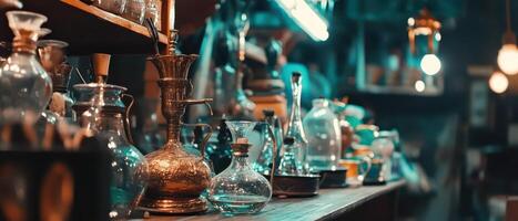 A collection of glass bottles and other items on a shelf photo