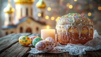 Easter cake with decorated eggs and candle on a wooden table, with a church in the background photo