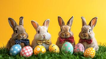Four colorful Easter bunnies with bow ties and vibrant eggs on green grass, festive Paschal joy on yellow background photo