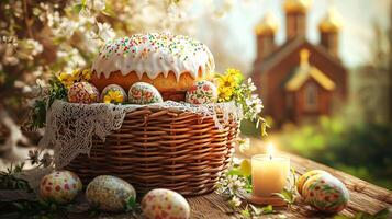 Easter Basket with Kulich and Painted Eggs on a Festive Table Outdoors photo