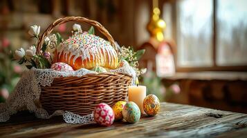 Easter Basket with Kulich, Painted Eggs, and Candle on a Wooden Table photo