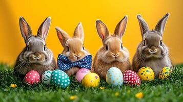 Four colorful Easter bunnies with bow ties and vibrant eggs on green grass, on yellow background photo
