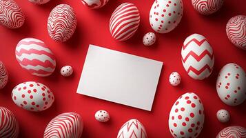 Easter eggs arranged around a blank card on a red background, space for text photo