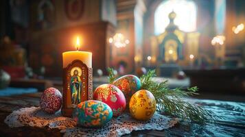 Easter candle with an icon and painted eggs on a wooden table inside an Orthodox church photo