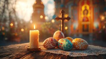Easter candle, decorated eggs, and a cross on a wooden table in front of an Orthodox church photo