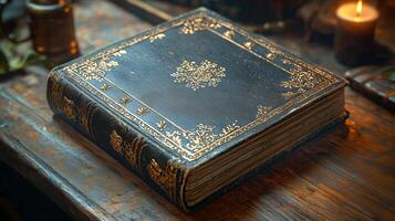 Antique leather-bound book with gold embossing on a rustic wooden table photo