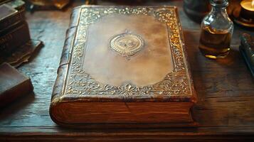 Ornate antique book with golden embossing on a rustic wooden table photo