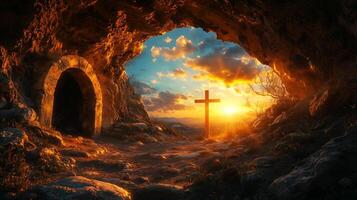 Ancient empty tomb with an arched entrance at sunrise, symbolizing the resurrection of Jesus Christ photo