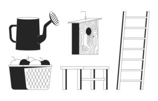 Gardening and farming essentials 2D line objects set. Watering can, wooden birdhouse, apples basket, ladder, table isolated cliparts ink outline items. Monochrome spot illustrations collection vector