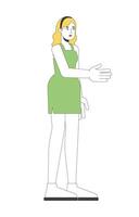 Blonde woman in green dress extending hand for handshake 2D cartoon character. Caucasian girl welcoming and friendly greeting gesture flat person isolated on white. Spot illustration colorful vector