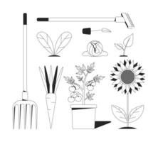 Gardening tools, vegetables and plants 2D line object. Pitchfork, rake, sunflower, cabbage, carrot and cherry tomatoes pot isolated clipart ink outline item. Monochrome spot illustration vector