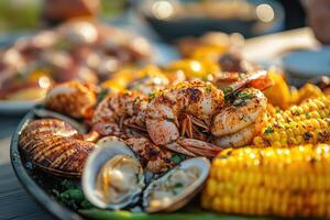 A plate of seafood and corn on the table photo